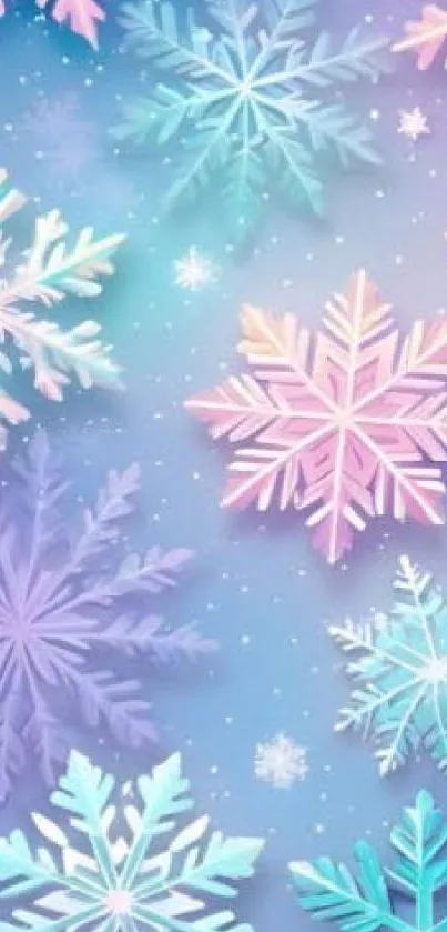 Pastel snowflakes in blue and purple shades on a winter-themed background.