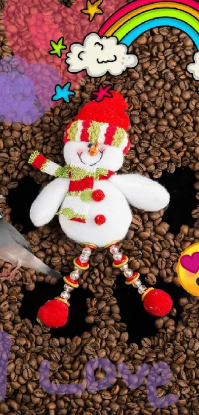 Cute snowman on coffee beans with colorful doodles and love emoji.