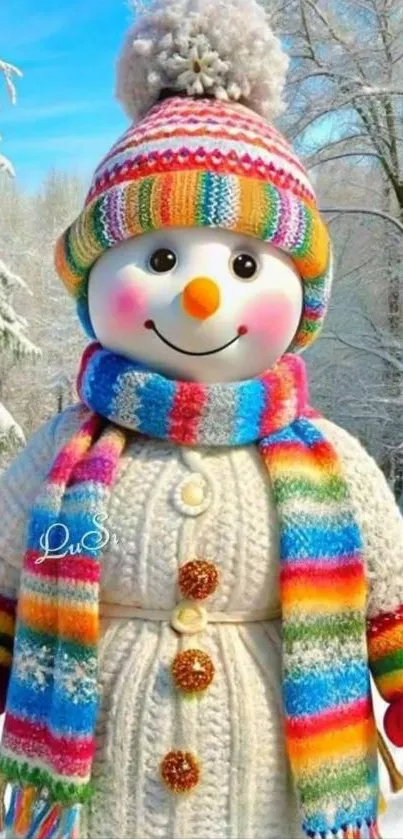 Vibrant snowman with colorful attire in a snowy landscape.