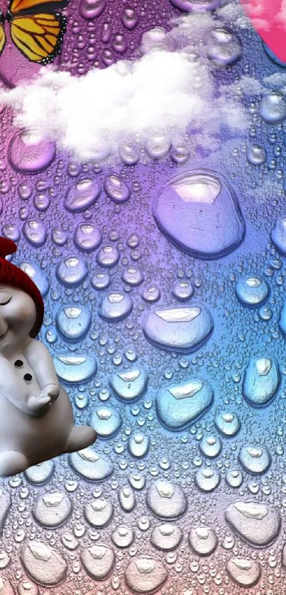 Colorful snowman with raindrops and butterflies phone wallpaper.