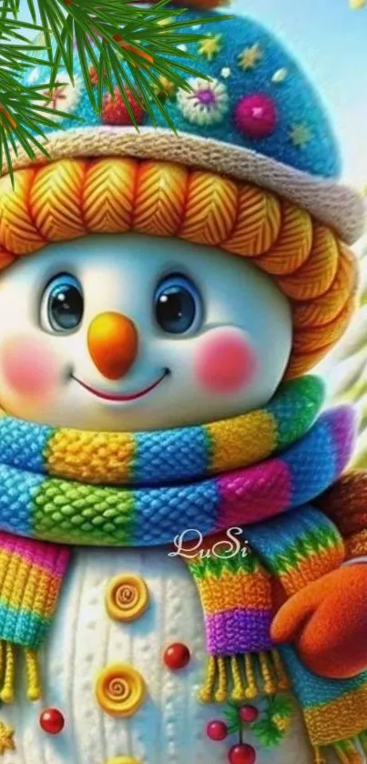 Colorful snowman with rainbow scarf in winter scene.