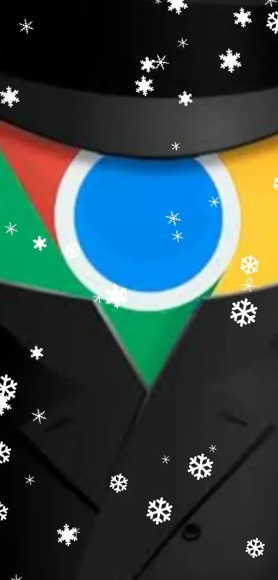 Vibrant Google Chrome themed wallpaper with snowflakes on a mysterious figure.