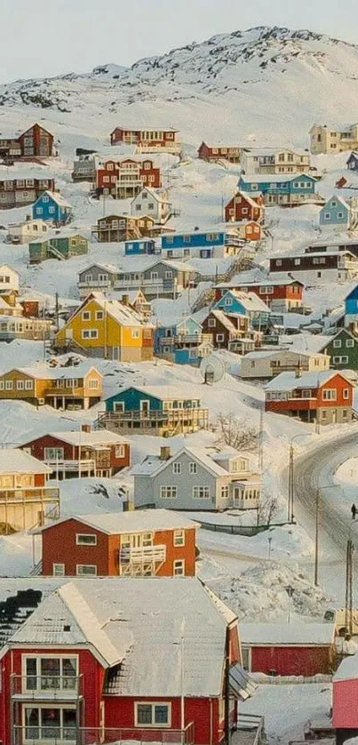 Colorful houses in snowy village landscape mobile wallpaper.