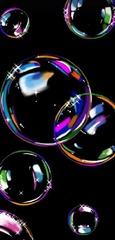 Colorful soap bubbles with vibrant reflections on a black background.