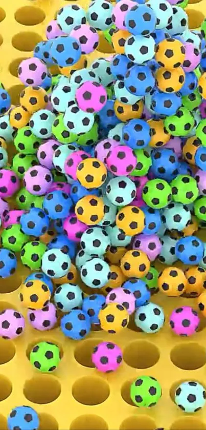Vibrant pattern of colorful mini soccer balls on yellow background.