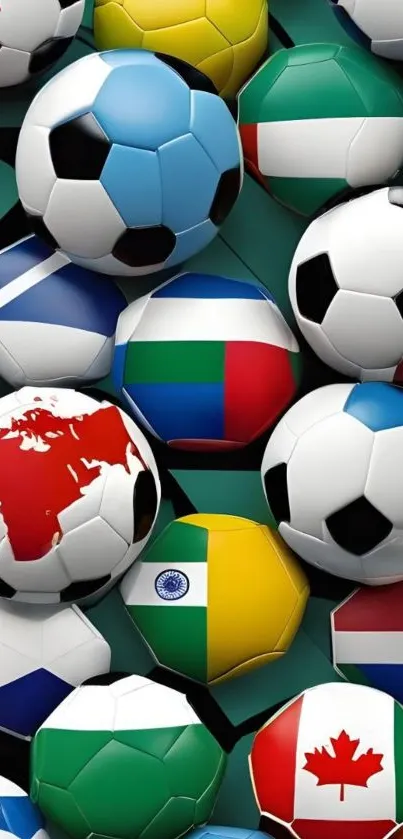 Collection of soccer balls with various country flags on a green background.