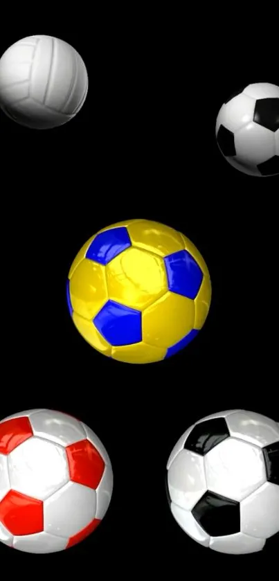 Vibrant soccer balls displayed on black wallpaper.