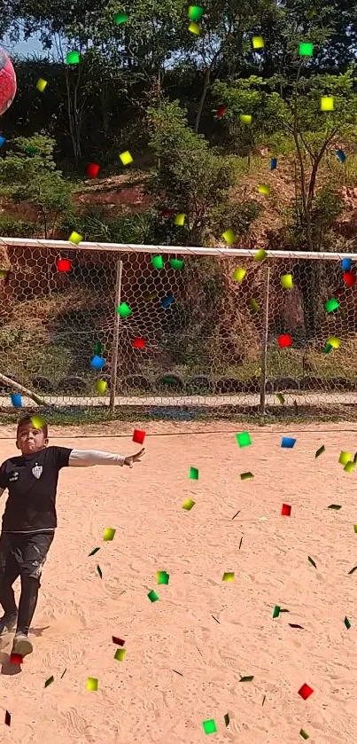 Soccer player celebrated with confetti on a sunny field.