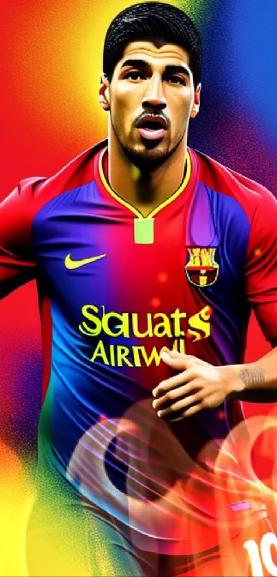 Colorful soccer player wallpaper with bold red, blue, and yellow hues.