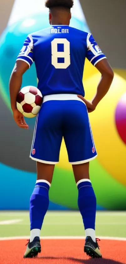 Soccer player in blue uniform on vivid abstract background.