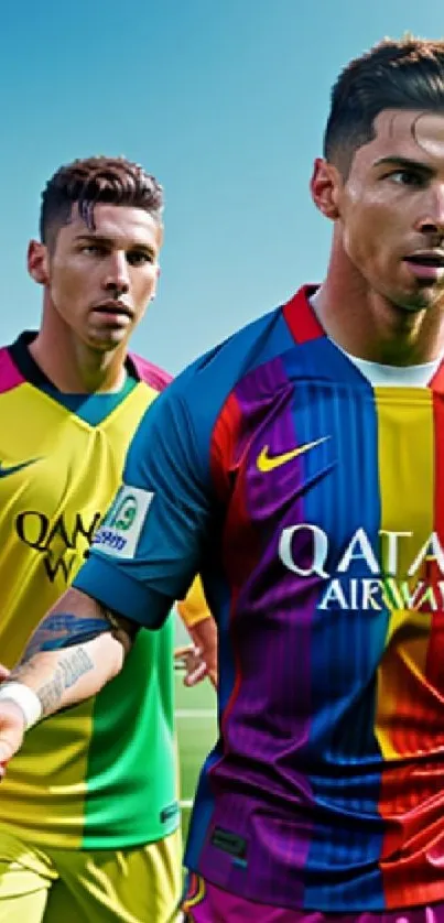 Vibrant soccer players in colorful jerseys on mobile wallpaper.