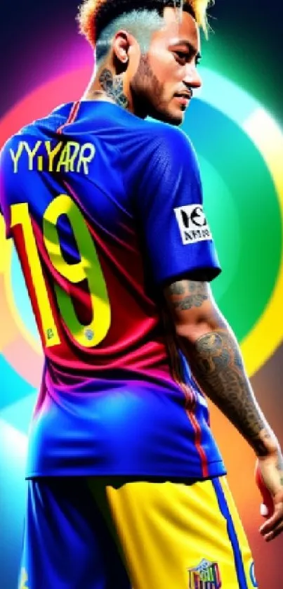 Colorful soccer player wallpaper with vibrant blue hues.