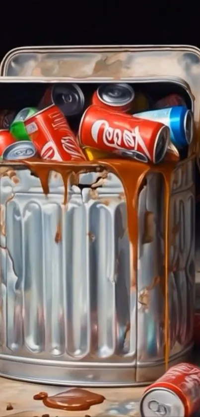 Trash can overflowing with colorful soda cans in vivid artwork.