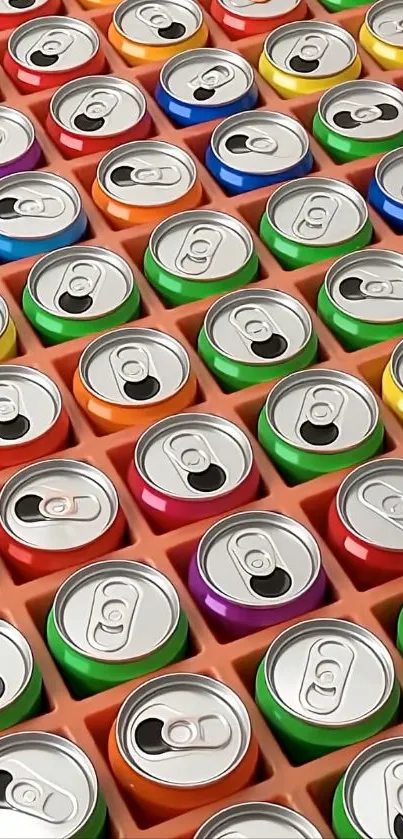Colorful soda cans arranged in a neat pattern.