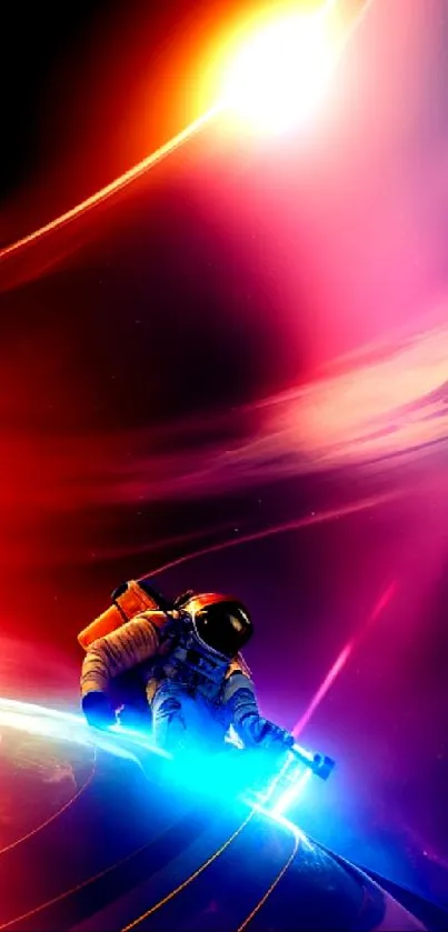 Mobile wallpaper of an astronaut exploring a colorful cosmic scene with planets and galaxies.