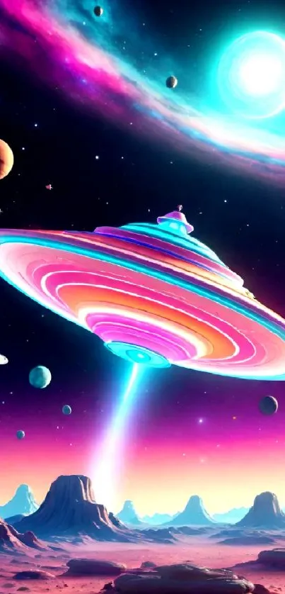 Vibrant space scene with planets and UFO