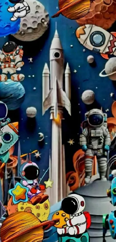 Colorful cartoon space adventure with astronauts and rockets.