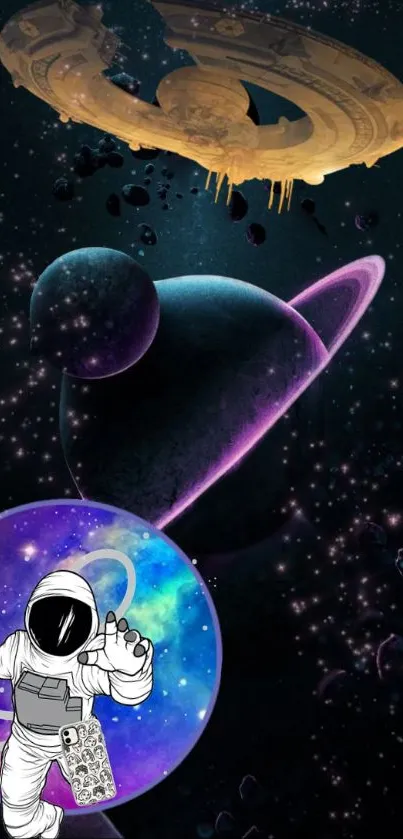 Illustrated cosmic scene with planets and astronaut.