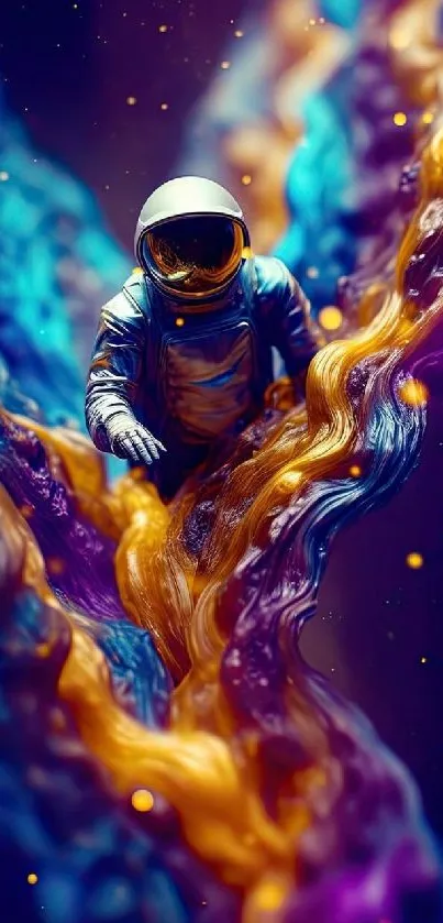 Astronaut explores vibrant, surreal space landscape.