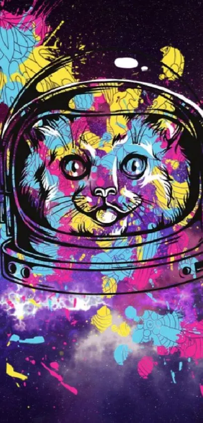 Colorful artwork of a cat in an astronaut helmet with cosmic background.