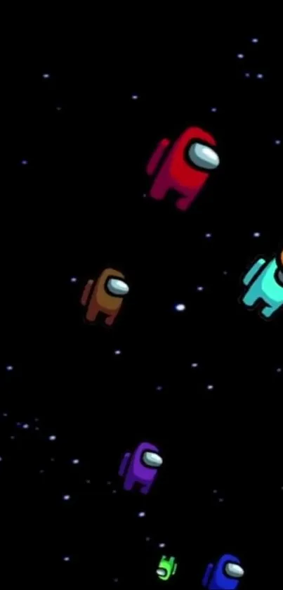 Colorful crewmates floating in a starry space setting for a mobile wallpaper.