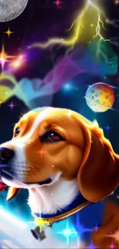 Colorful astral-themed dog in space with vibrant cosmic elements.