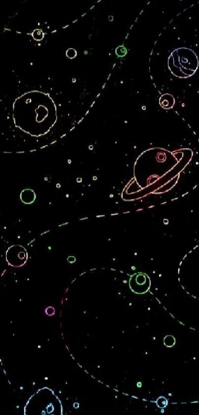 Colorful space-themed doodle wallpaper featuring planets.