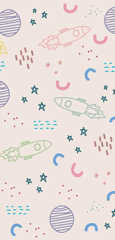 Playful mobile wallpaper with rockets and planets on light pink background.