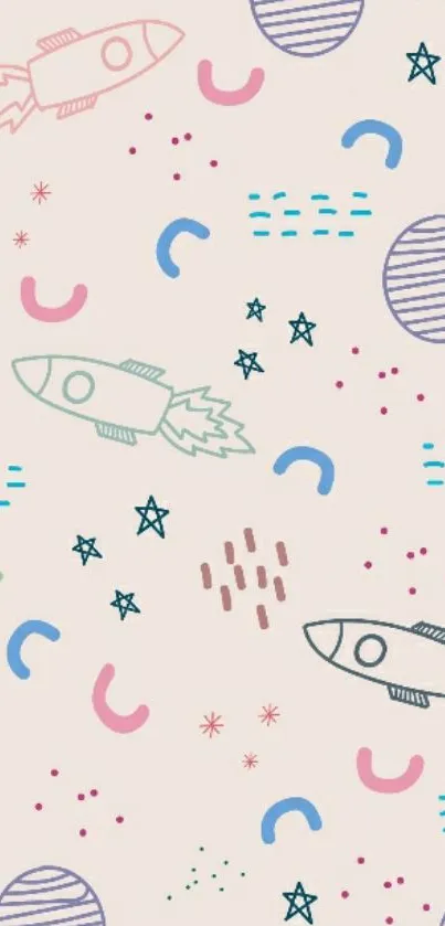 Space-themed wallpaper with rockets and planets.