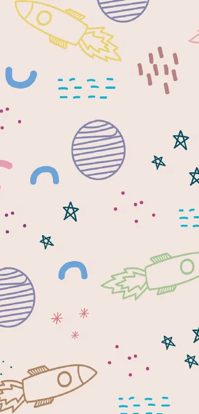 Colorful space-themed wallpaper with rockets and stars on a peach background.