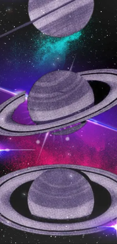 Purple planets with rings in a colorful cosmic space scene.