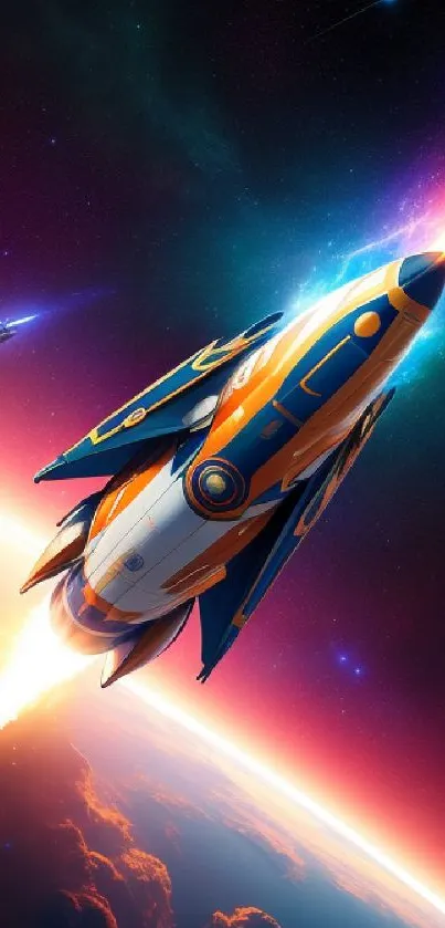 Vibrant rocket soaring through outer space with colorful galaxy backdrop.