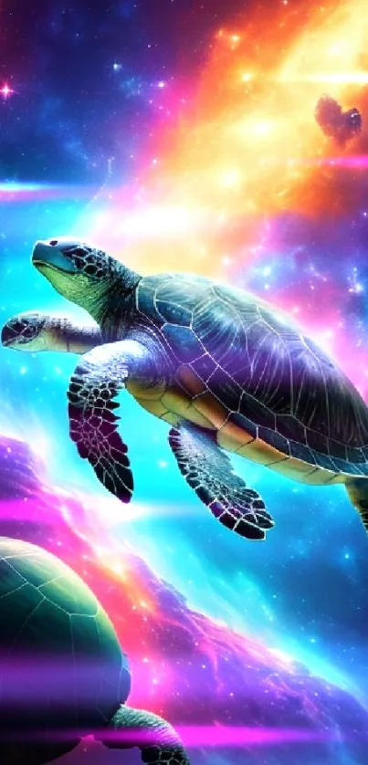 Turtle floating through a colorful galaxy with vibrant cosmic background.