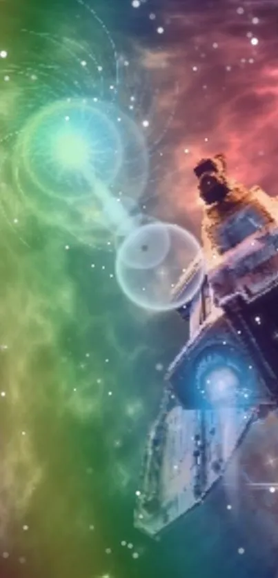 Colorful spaceship navigating a vibrant galaxy.