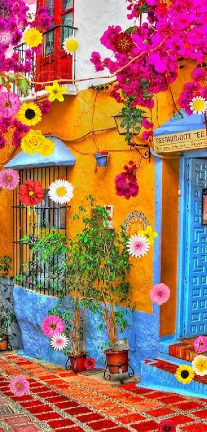 Colorful Spanish street scene with flowers and vibrant walls.