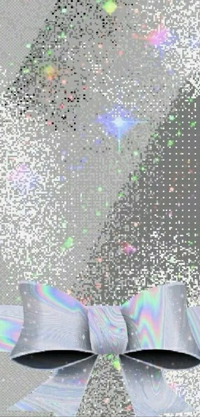 Textured gray wallpaper with sparkling rainbow bow.