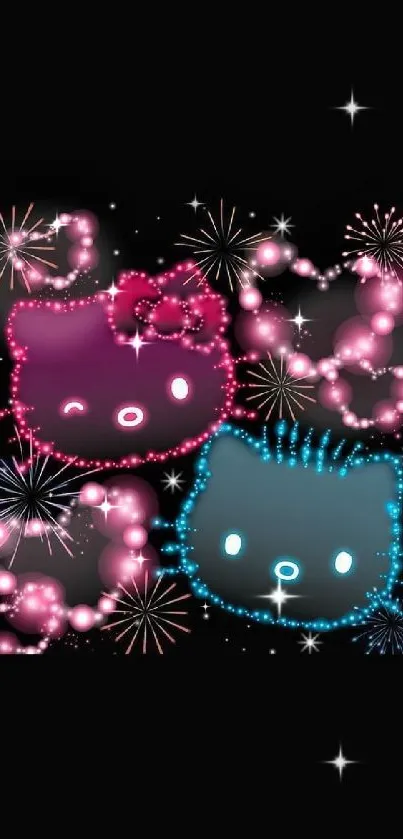 Colorful cats with fireworks in a mobile wallpaper.