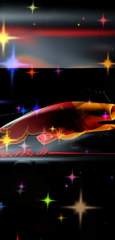 Vibrant racing car with sparkling stars on a dark background.