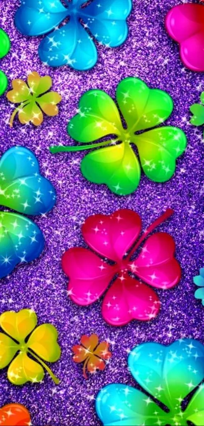 Colorful clover wallpaper with sparkling purple background