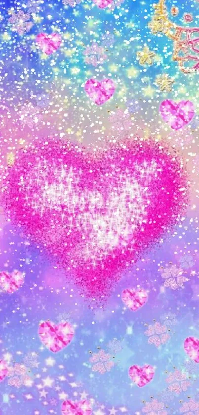 Sparkling pink heart with stars and colorful background.