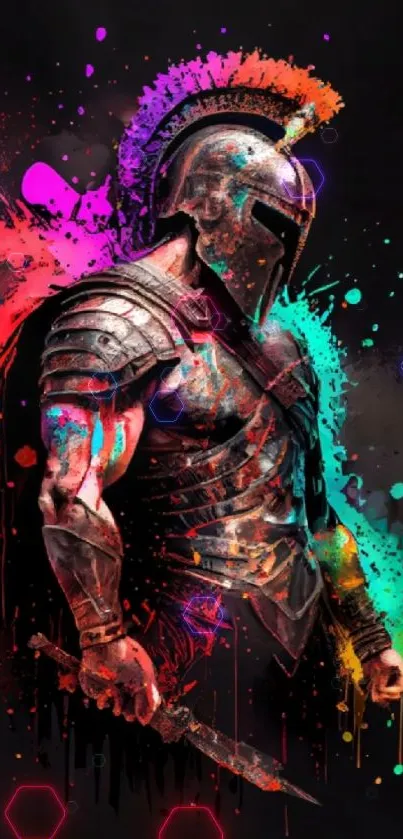 A colorful Spartan warrior on black background art.