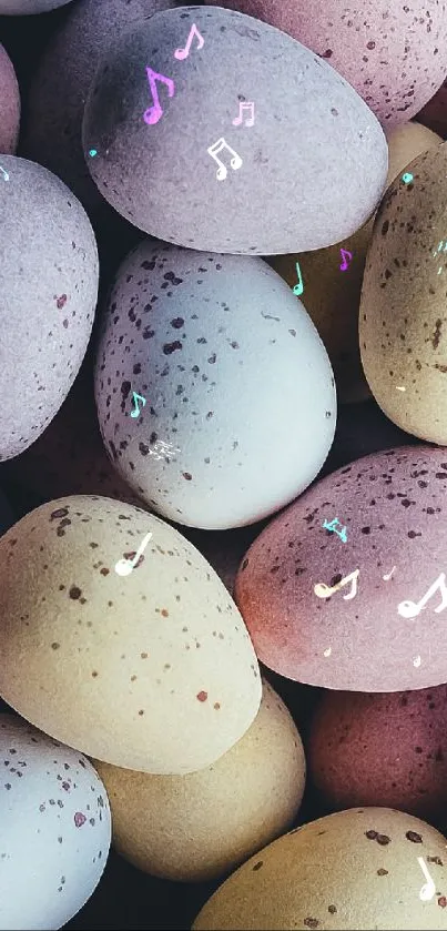 Charming mobile wallpaper with pastel speckled eggs and musical notes.