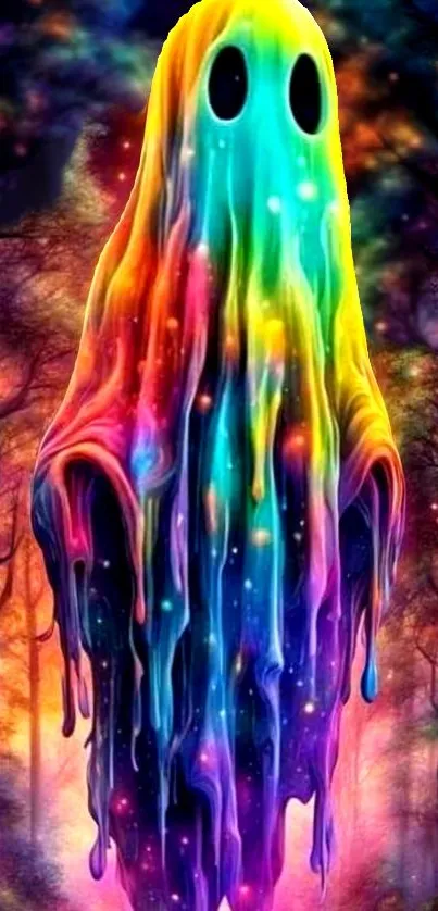 Colorful ghost floating in a magical forest.