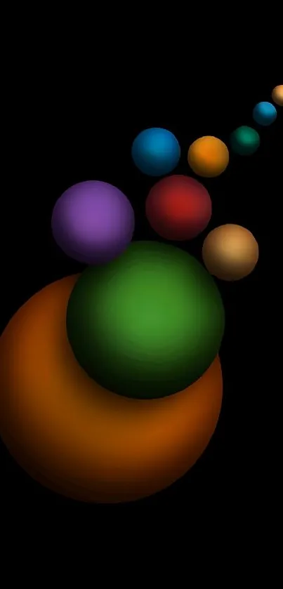 Vibrant mobile wallpaper with colorful spheres on a black background.