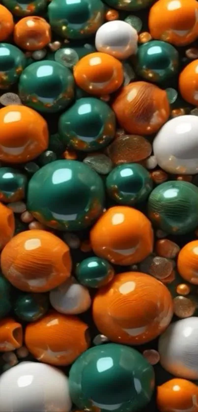 Abstract art with colorful 3D spheres in teal, orange, and white.