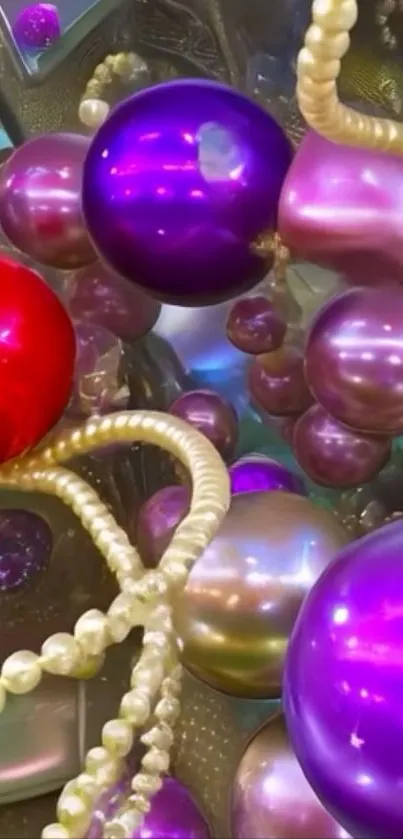 Abstract vibrant spheres and pearls in purple tones.