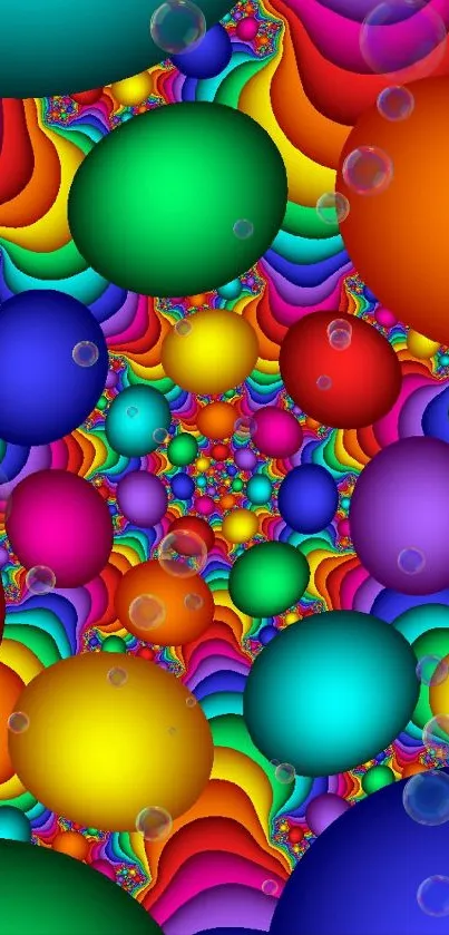 Colorful spheres on a vibrant fractal background for mobile wallpaper.