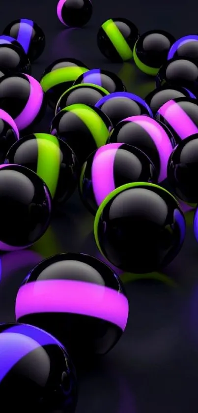 Mobile wallpaper with colorful, glowing spheres on a dark background.