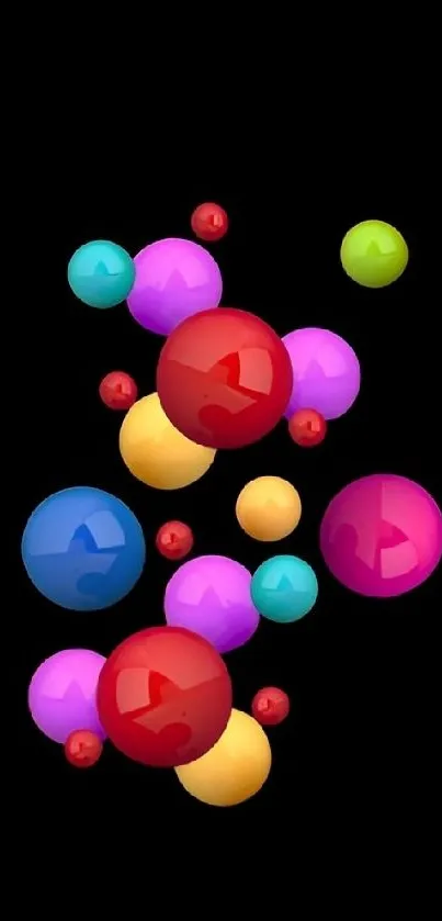 Colorful spheres floating on black wallpaper.