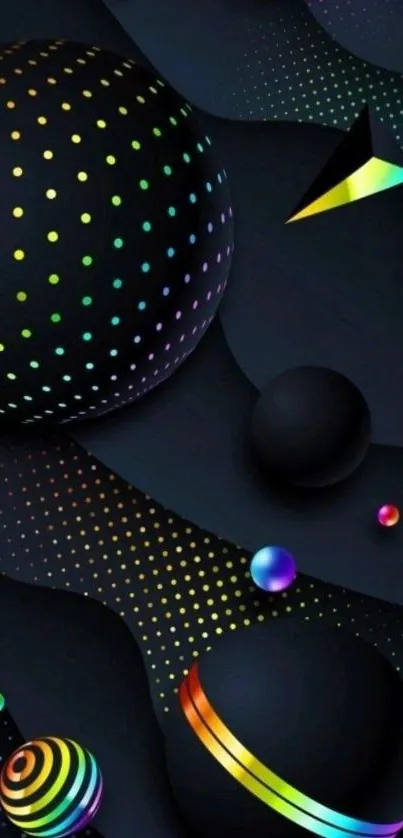 Colorful spheres on a dark background with rainbow hues.